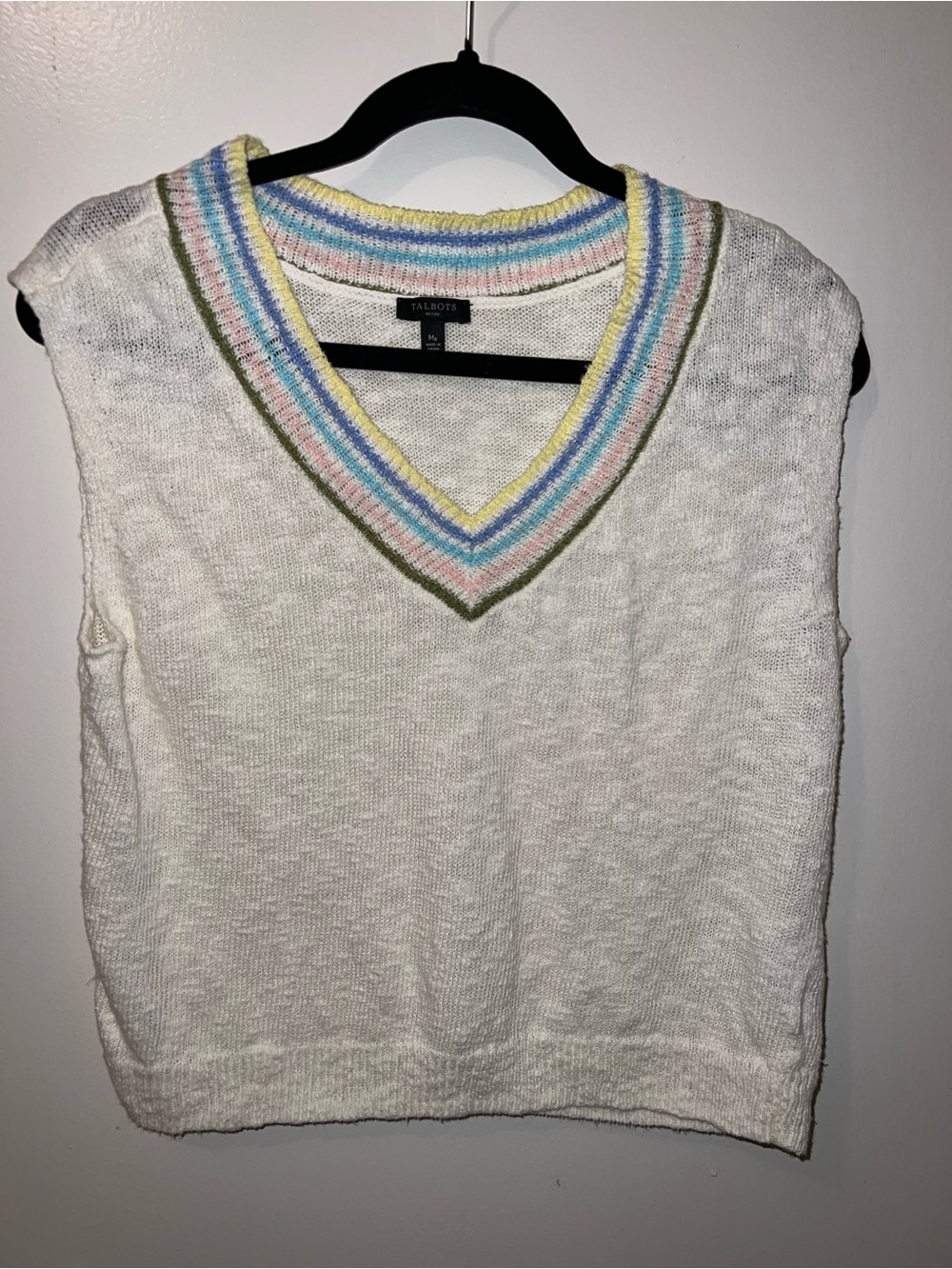 Talbots Cream Knit V-Neck Sweater Vest with Pastel Stripe Trim